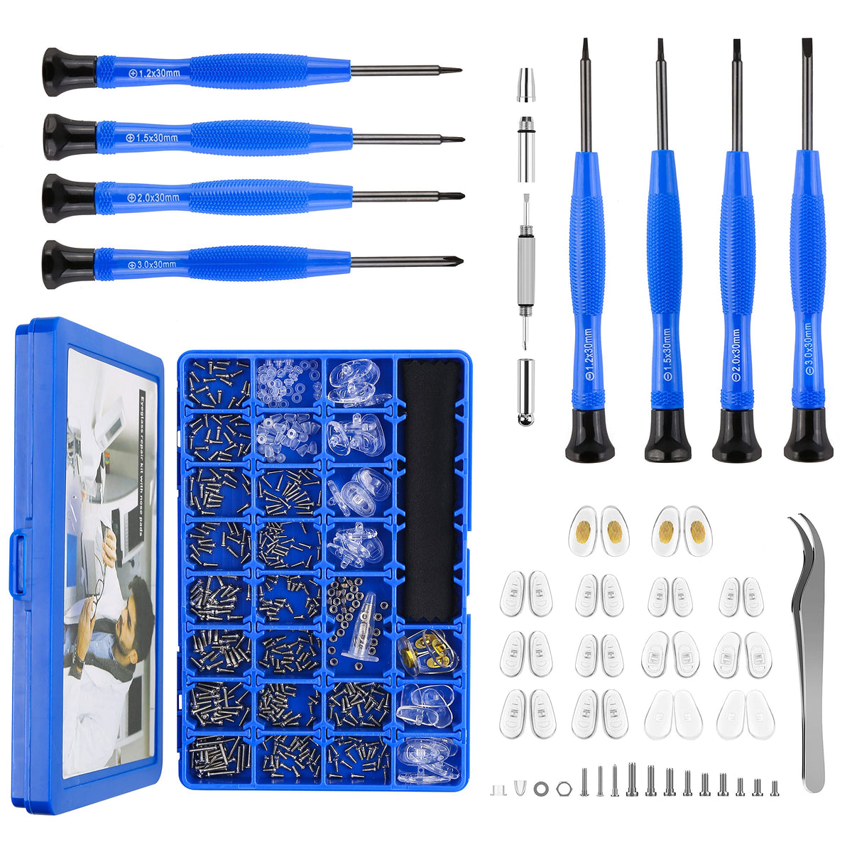 All-in-one eyeglass repair kit with magnetic screwdrivers and portable screw box