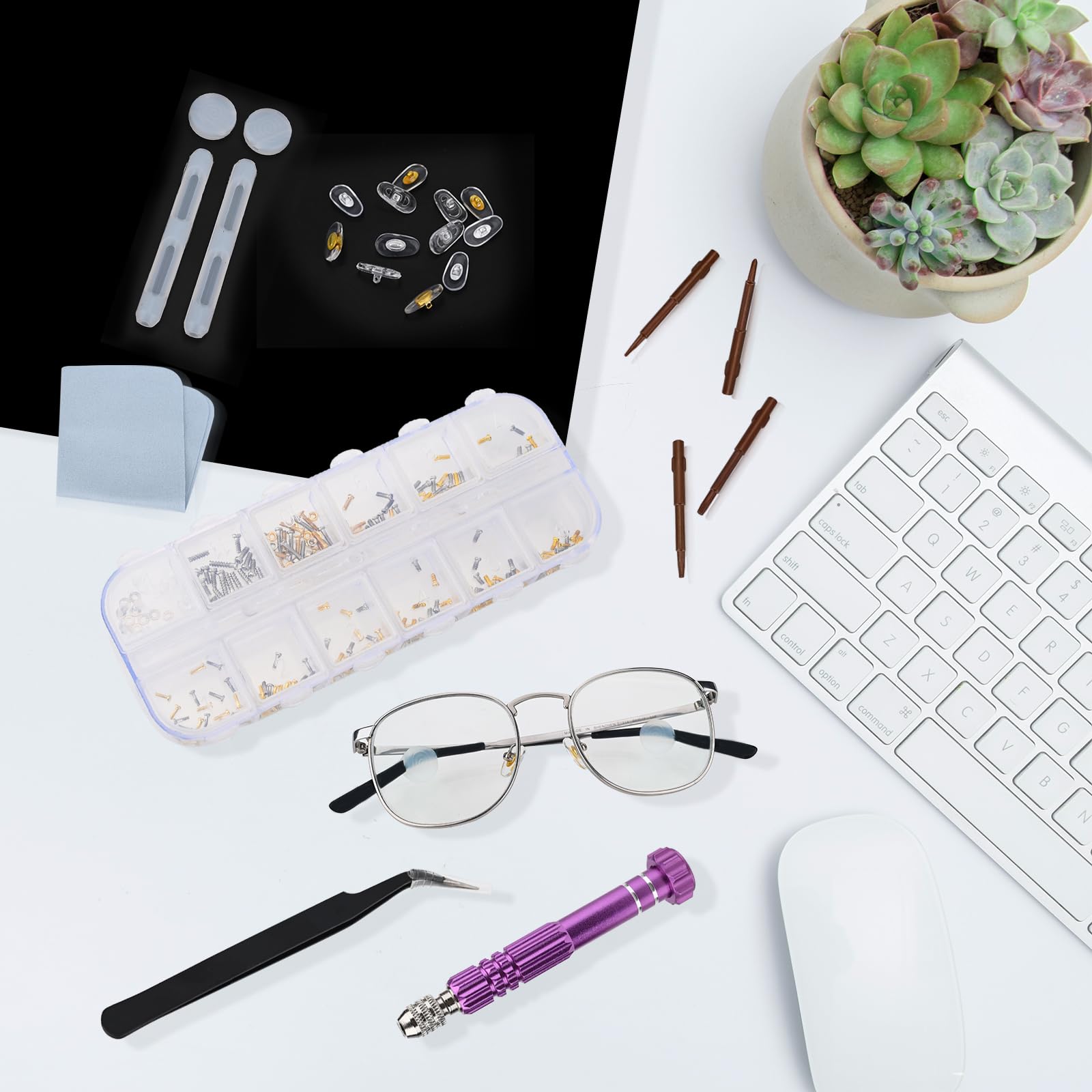 Portable, all-in-one eyeglass repair kit for on-the-go repairs