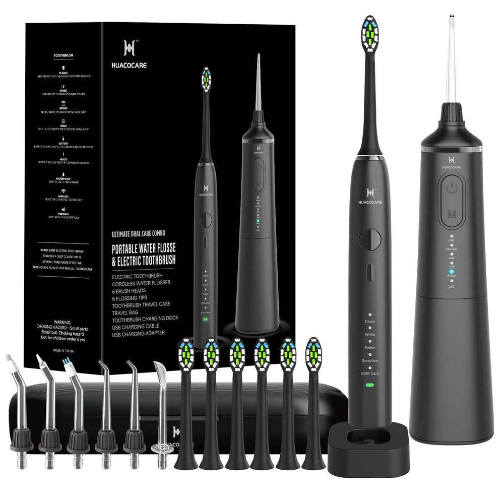 Close-up view of upgraded water flosser and electric toothbrush combo, front
