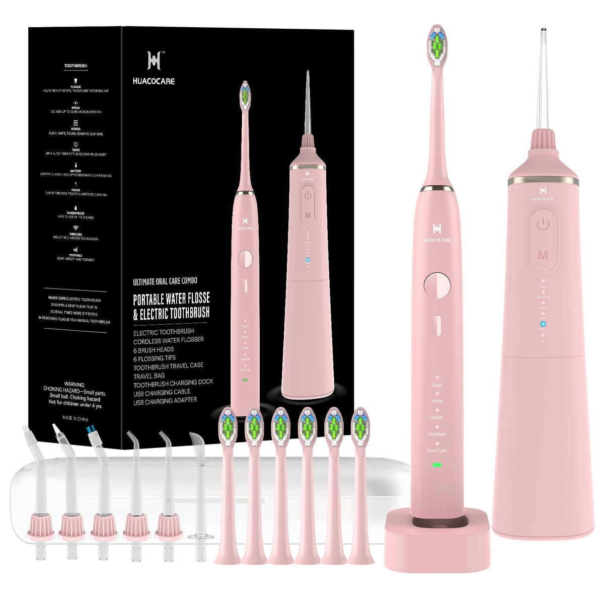 Front view of the upgraded water flosser and electric toothbrush combo in pink