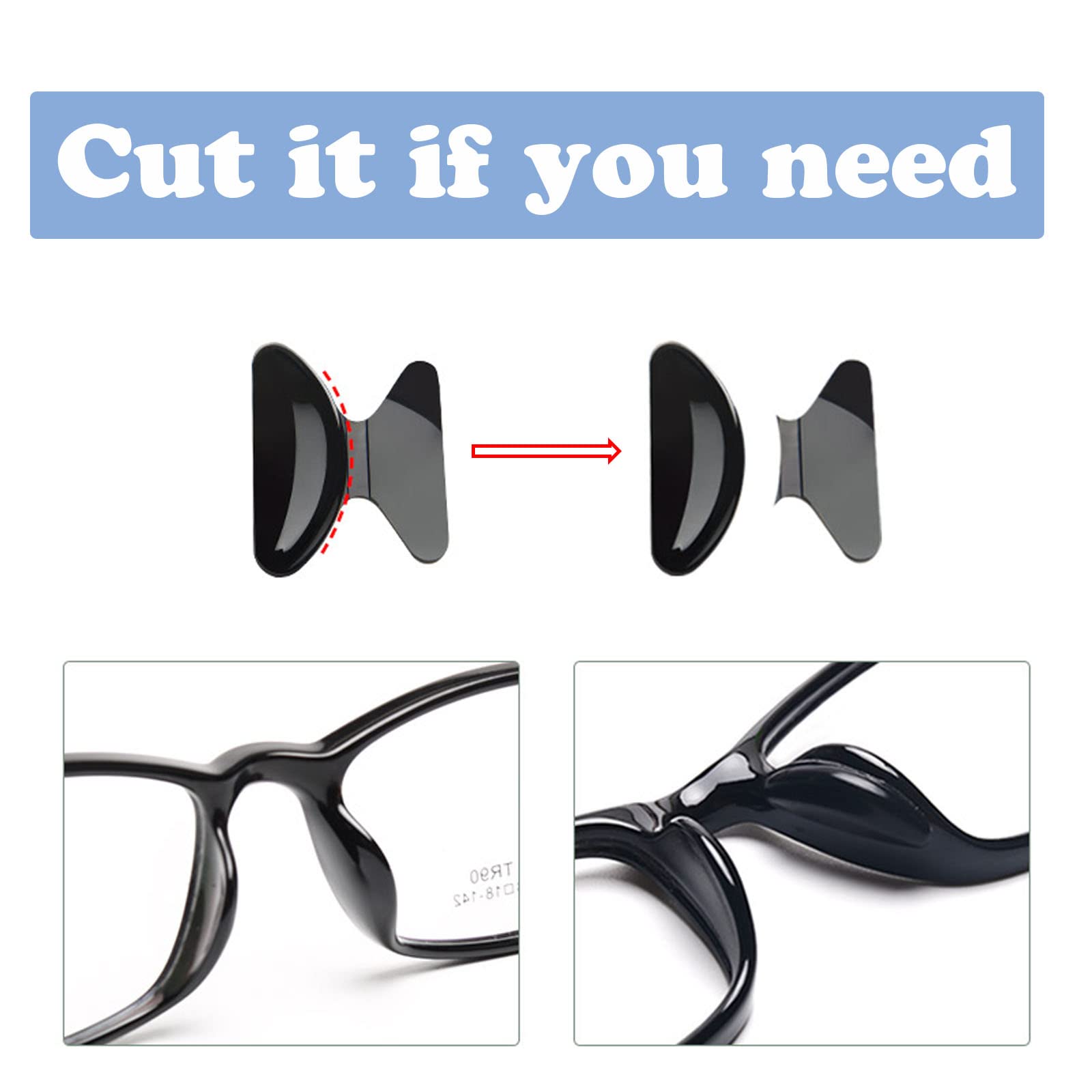 Nose pads on different frame types including plastic frames