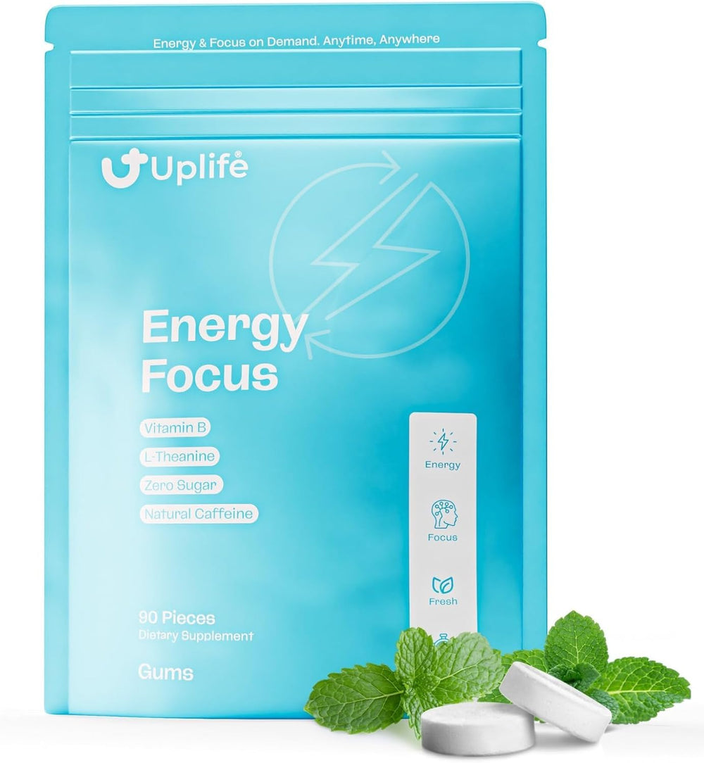 UPLIFE Energy Gum packaging shown for on-the-go focus and quick energy.