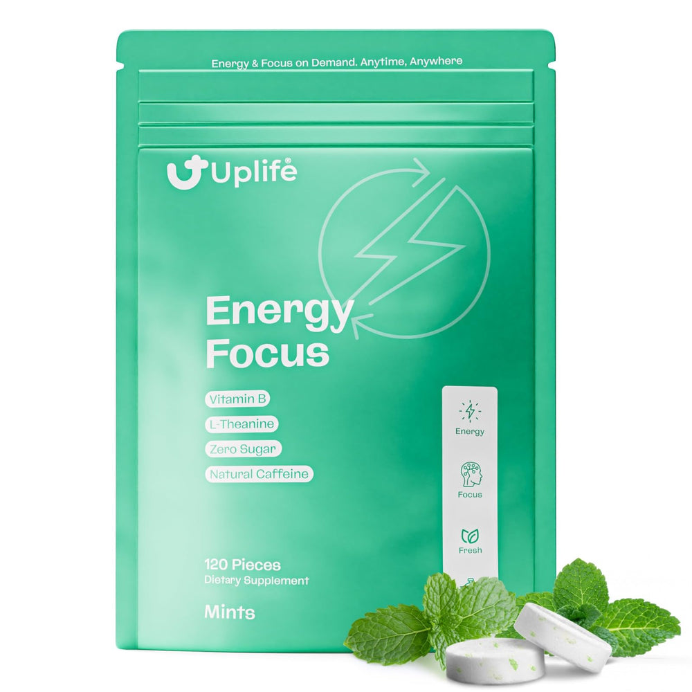 UPLIFE Energy Mints pack close-up showing fresh mint formula for quick boost.