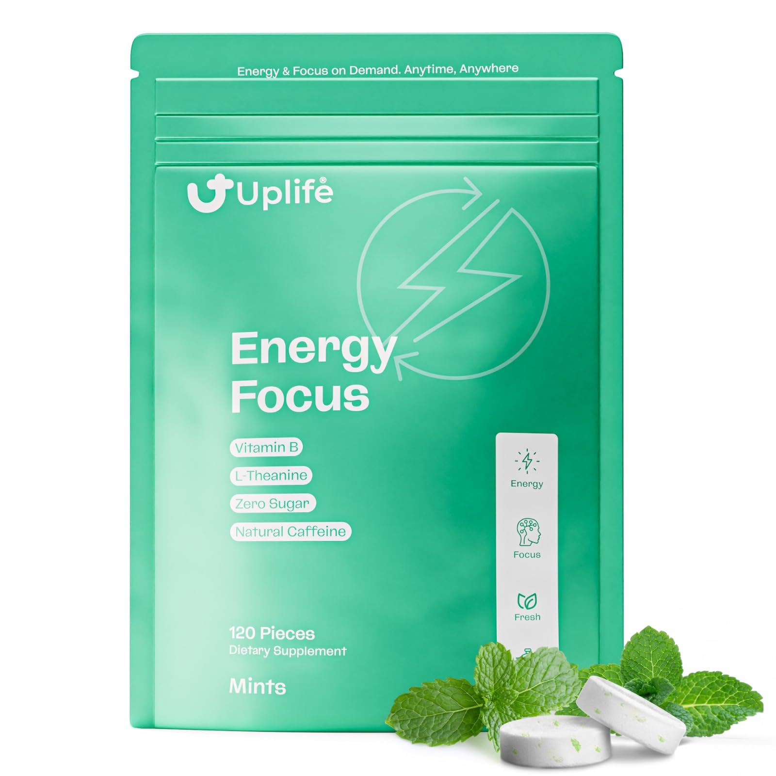 UPLIFE Energy Mints pack close-up showing fresh mint formula for quick boost.