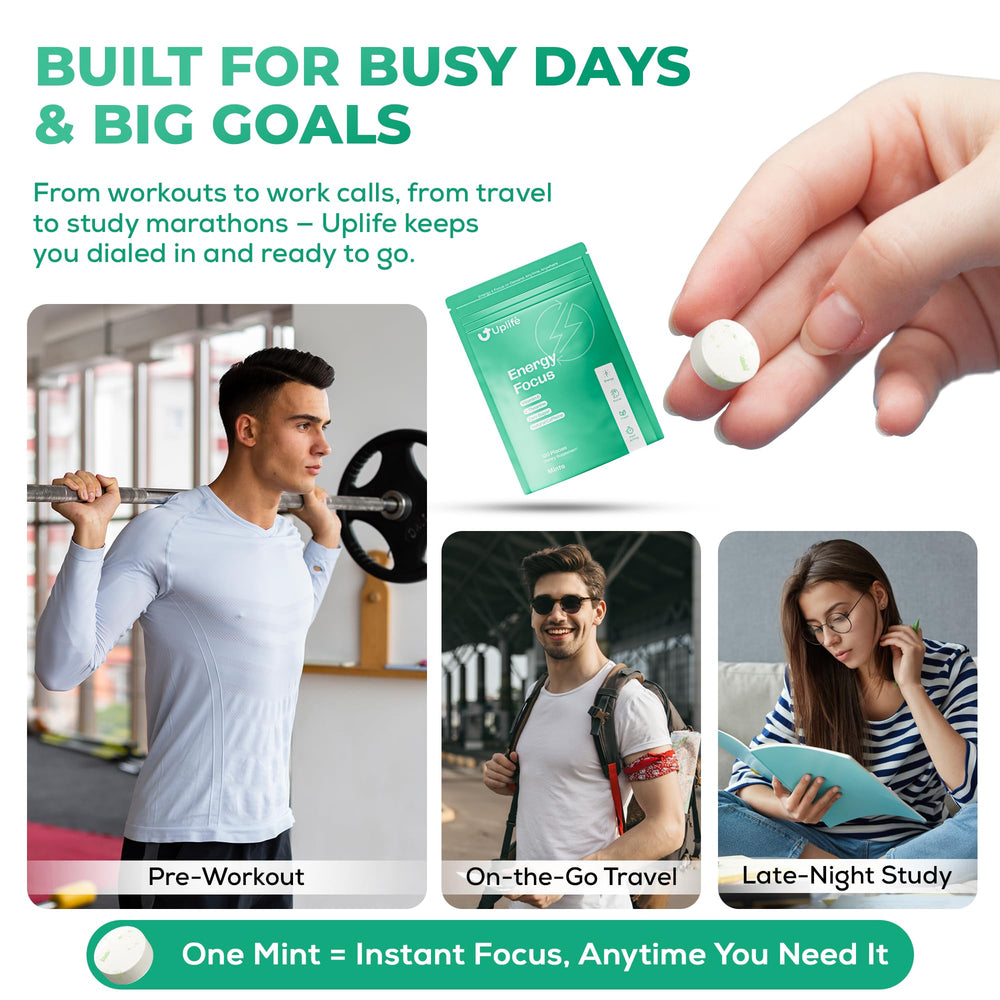 UPLIFE Energy Mints during a coffee break, offering refreshing energy and breath.