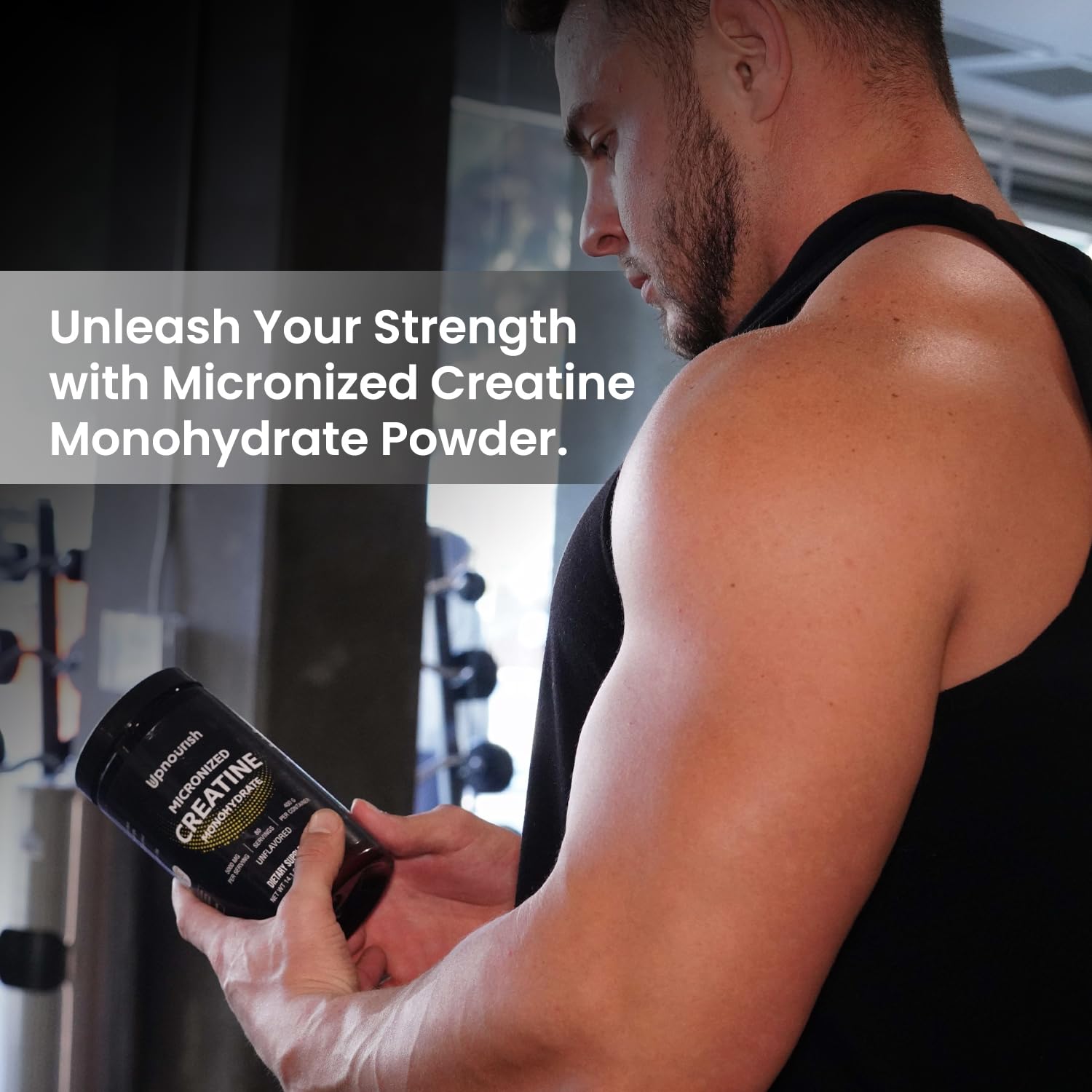 Container with UpNourish creatine powder