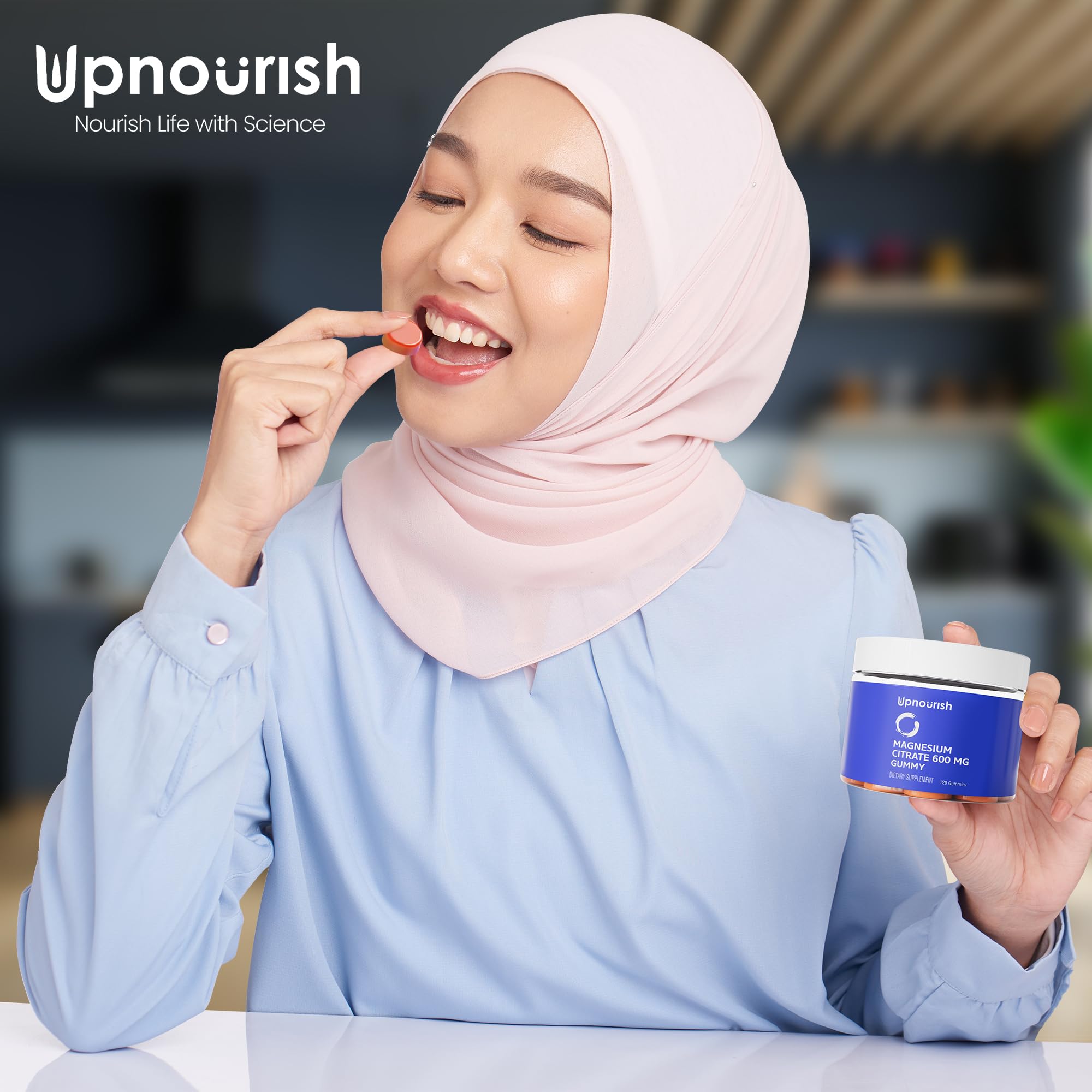 Family kitchen scene with magnesium gummies bottle