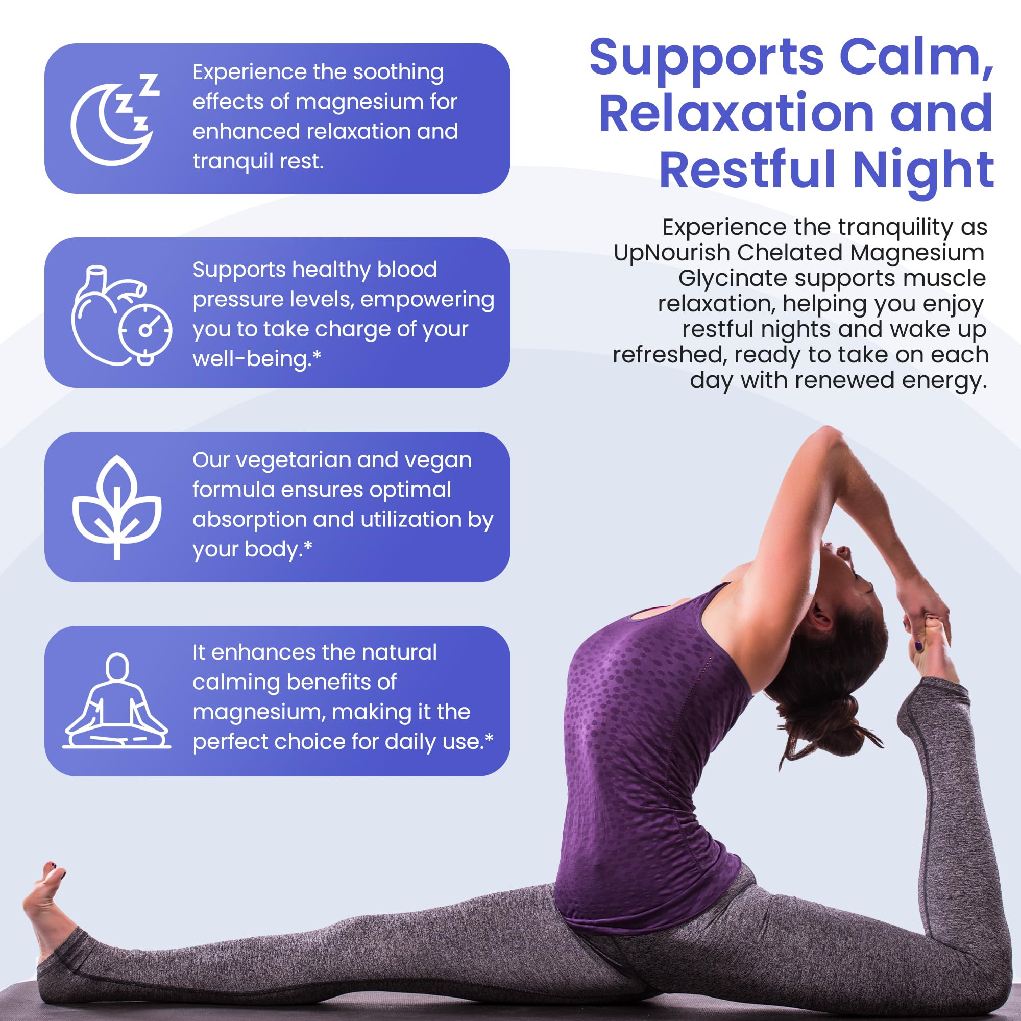 Vegan friendly 240 count UpNourish magnesium glycinate capsules