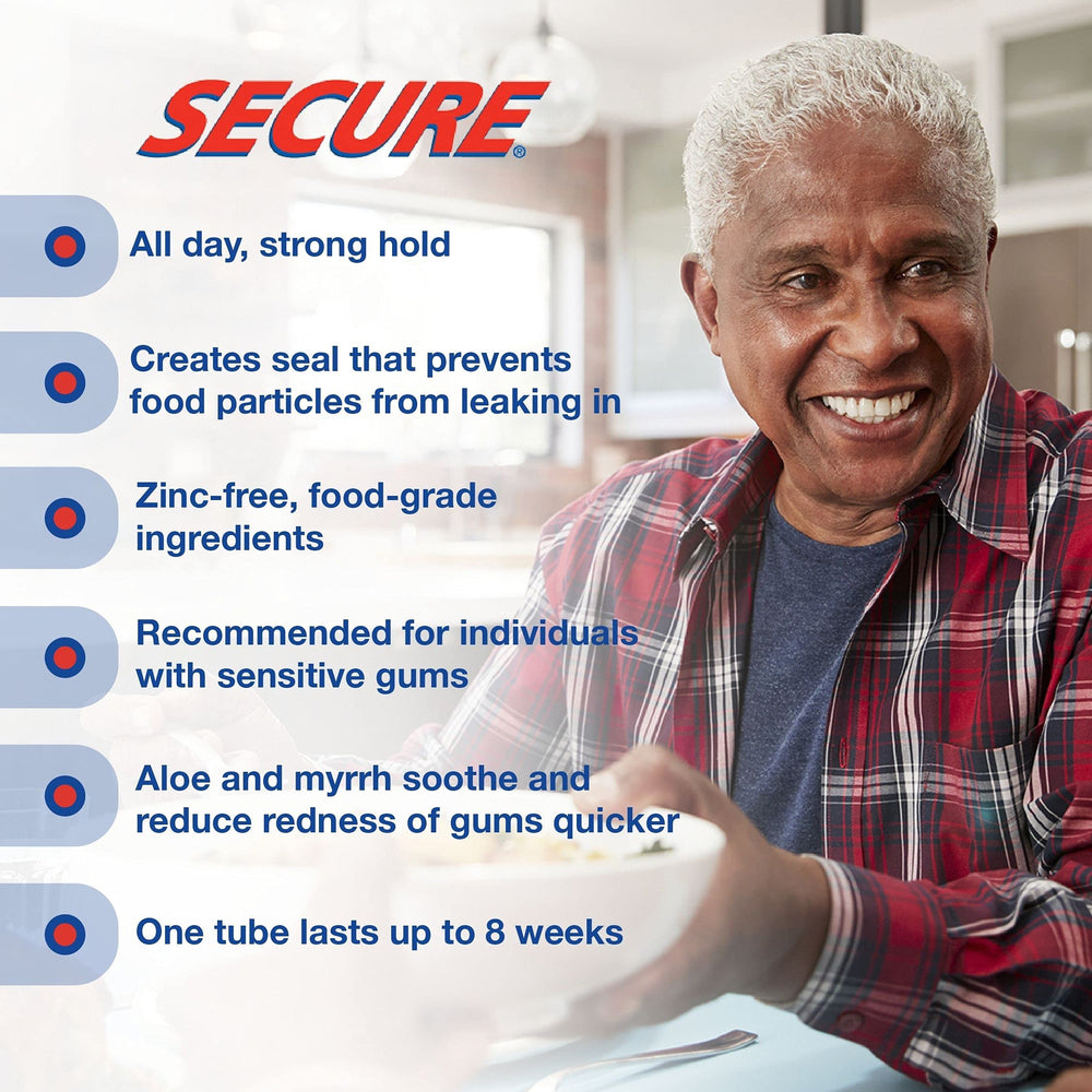 Upper and lower dentures securely held in place