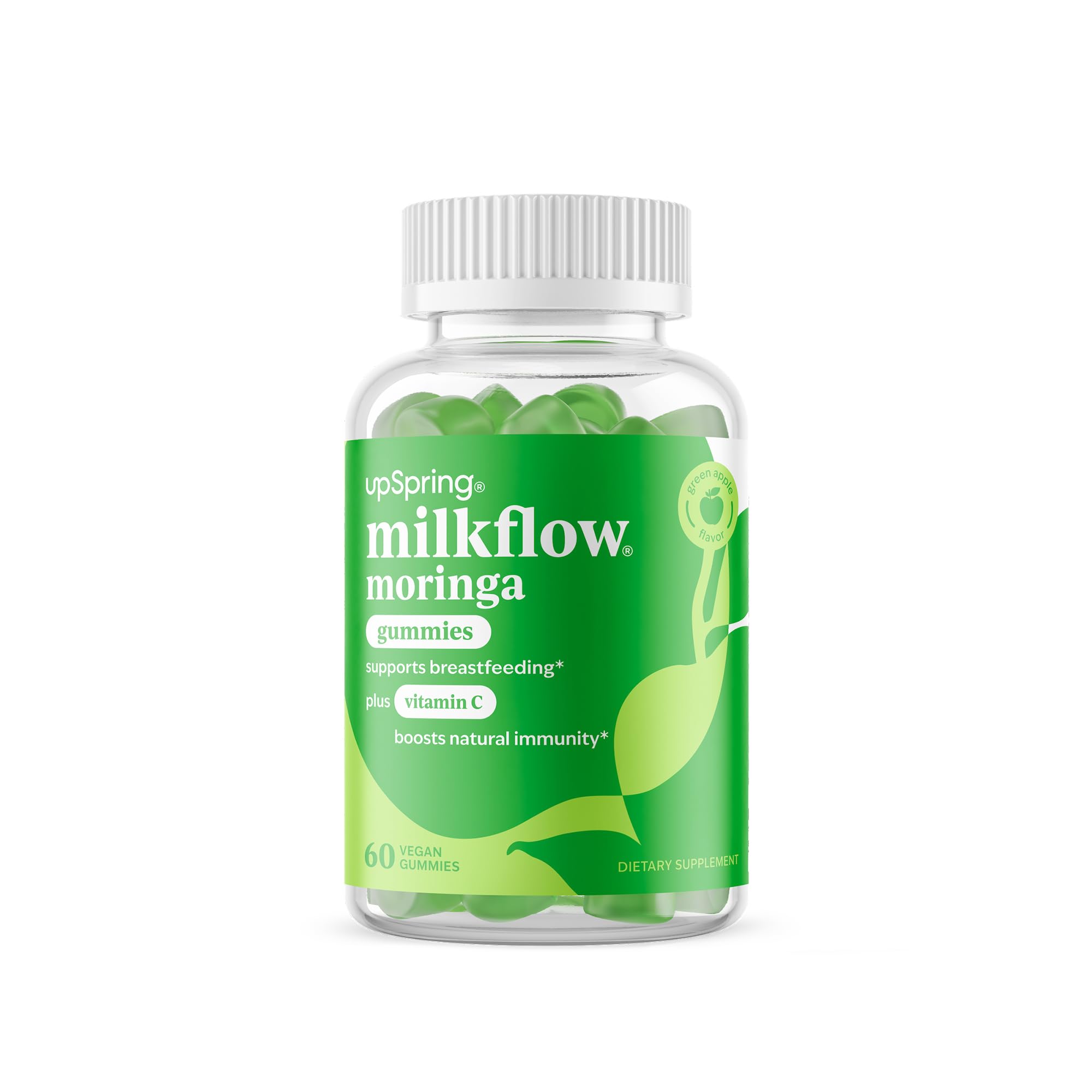 Bottle of UpSpring Milkflow Moringa Gummies with green apple flavor