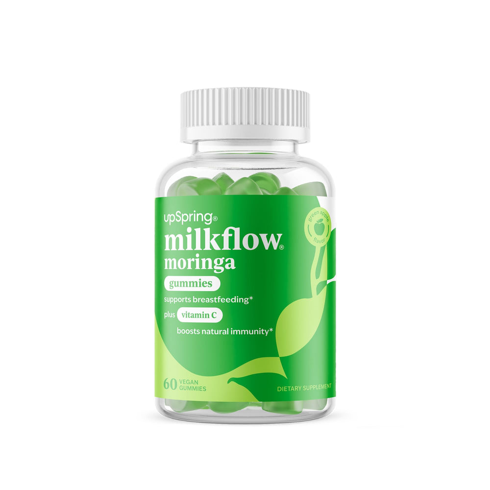 Bottle of UpSpring Milkflow Moringa Gummies with green apple flavor