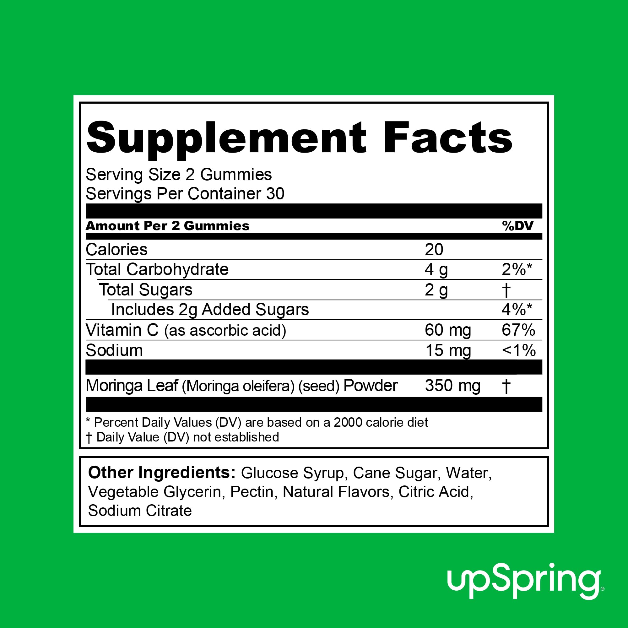 UpSpring brand logo on Milkflow Moringa Gummies packaging