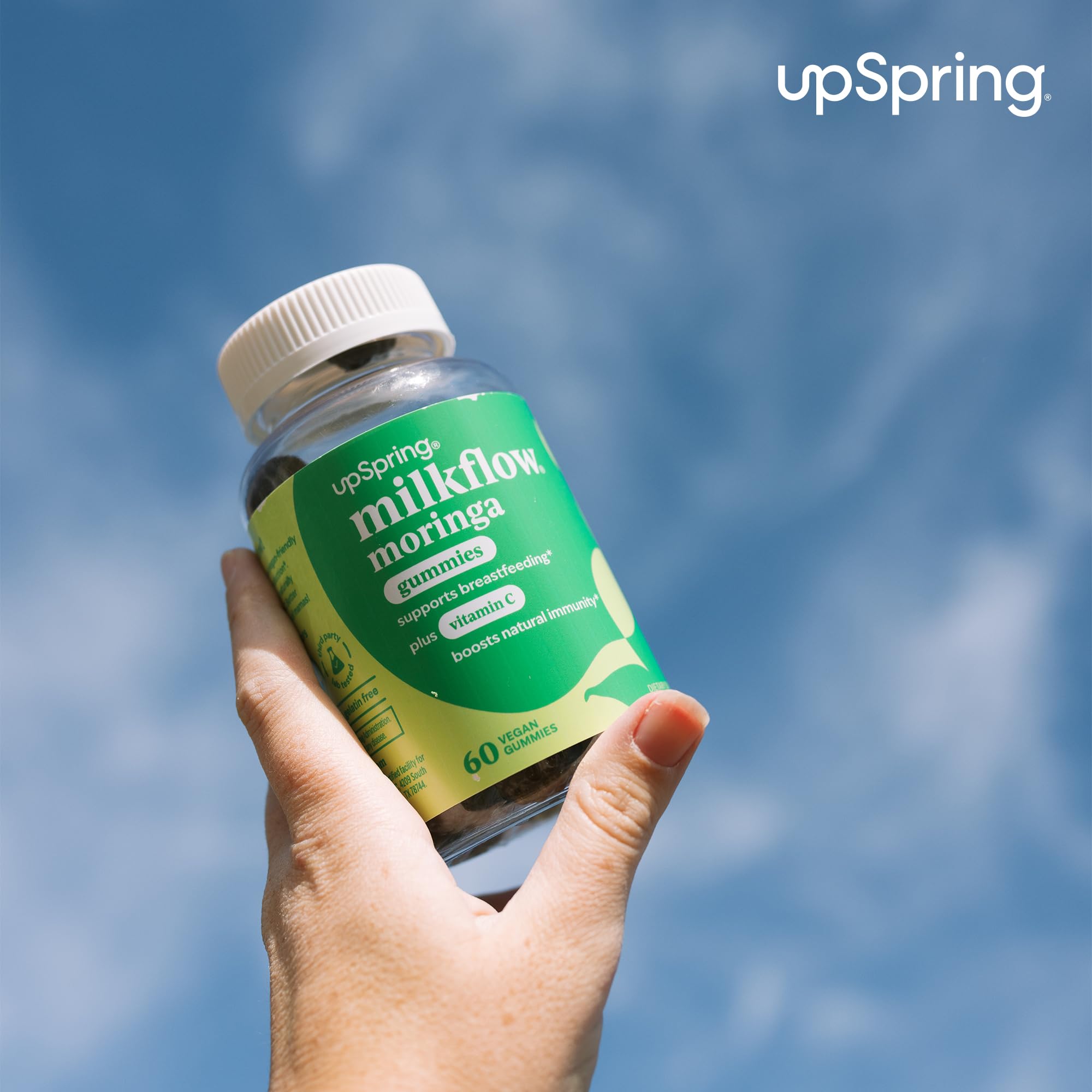 UpSpring Milkflow Moringa Gummies bottle shown with Vitamin C emphasis for immune-friendly routine