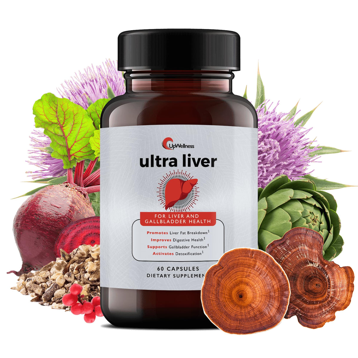 Front view of UpWellness Ultra Liver 60 capsules bottle