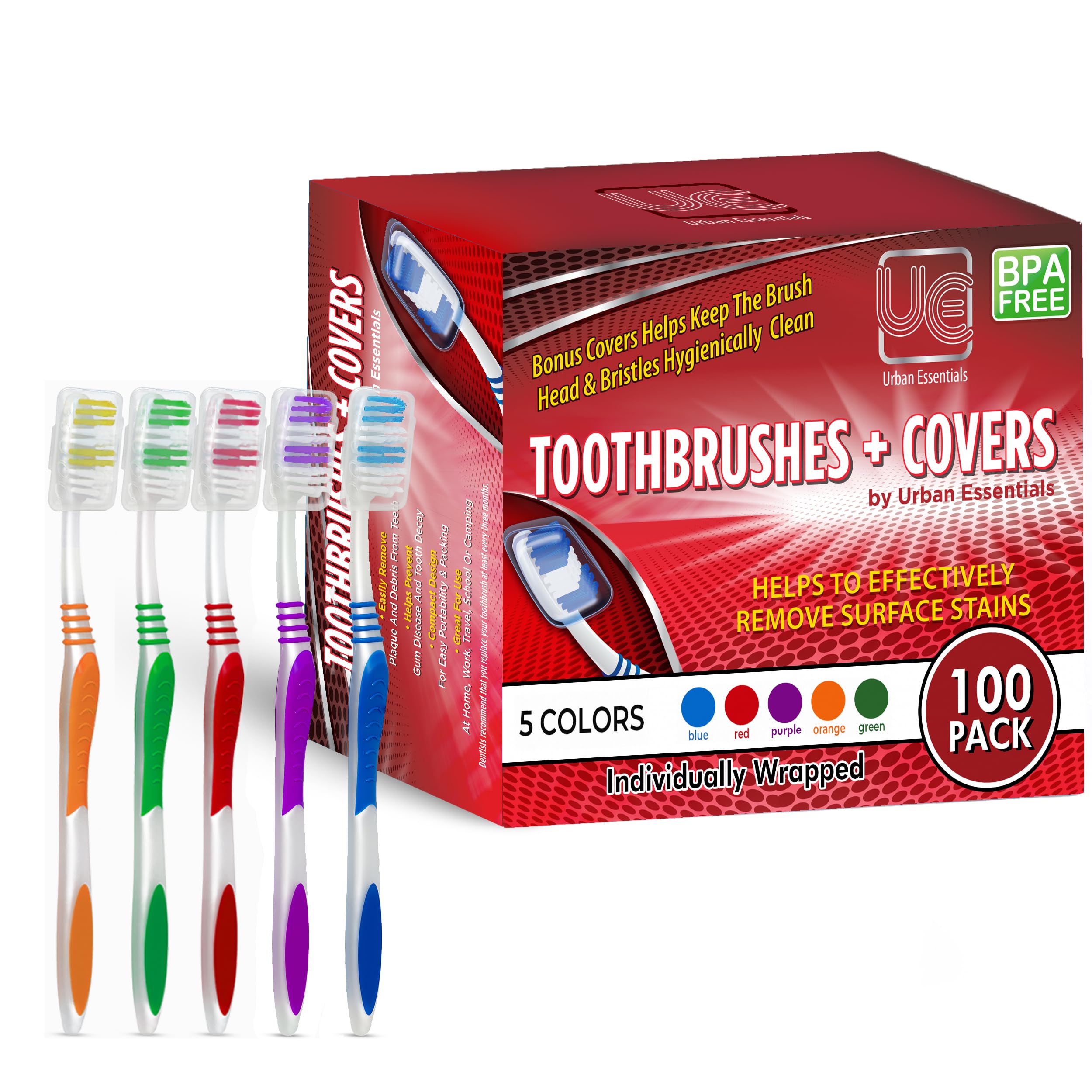 Urban Essentials 100-pack toothbrushes with colorful individually wrapped covers