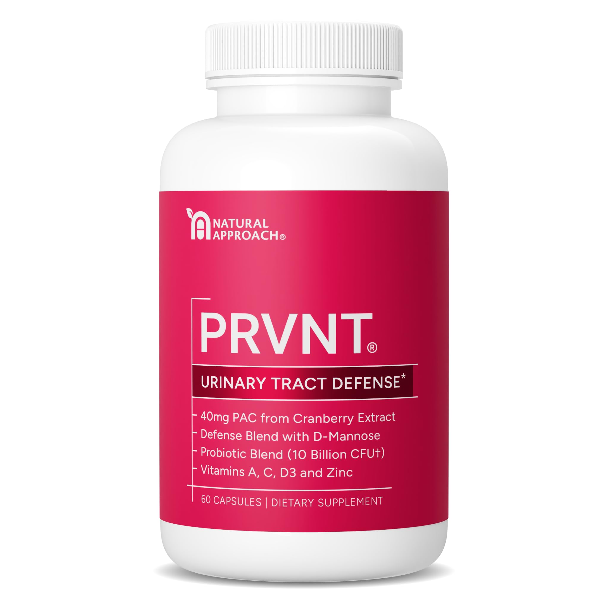 Urinary Tract Defense bottle showing Cranberry PACs, D-Mannose, Probiotics and vitamins - 60 capsules