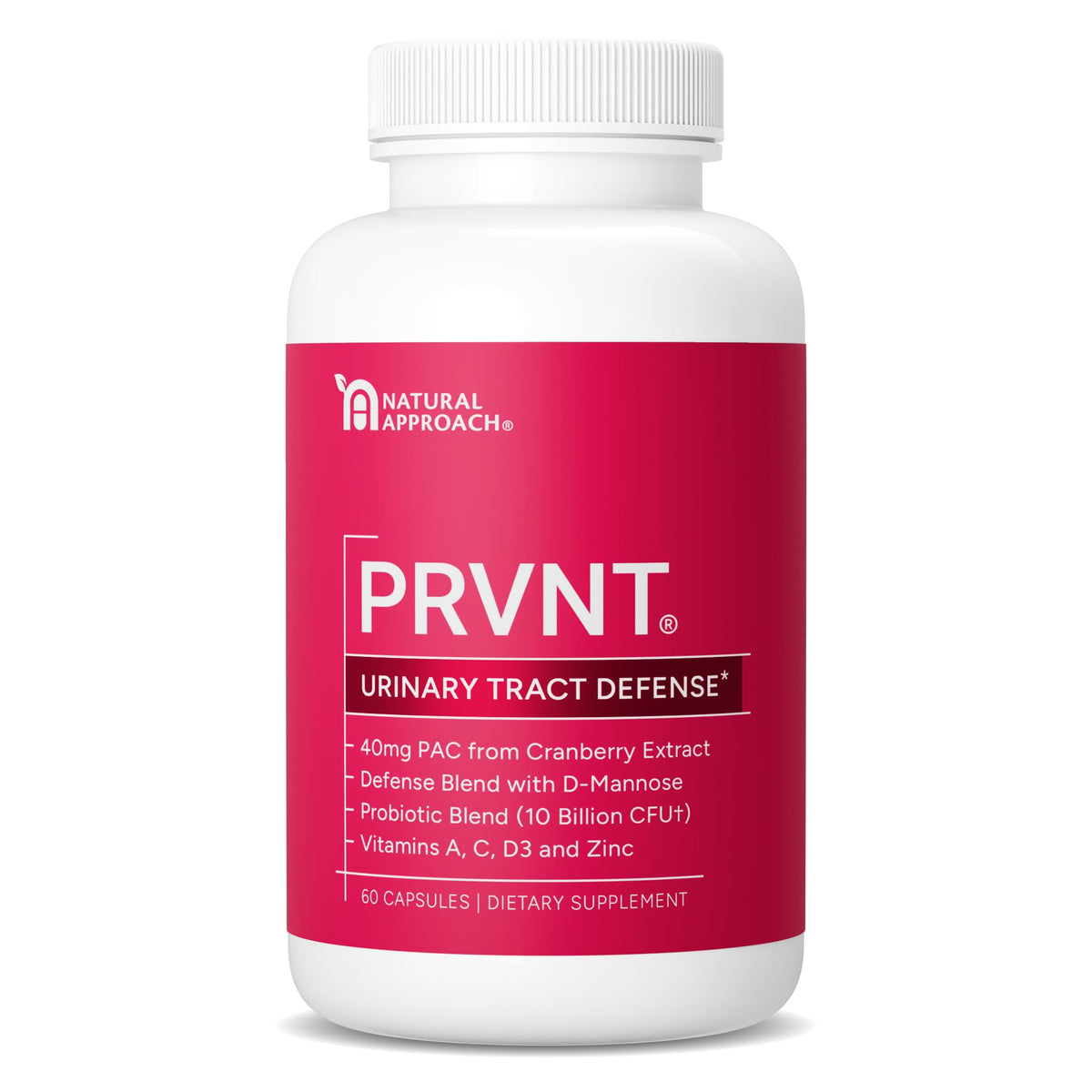 Urinary Tract Defense bottle showing Cranberry PACs, D-Mannose, Probiotics and vitamins - 60 capsules