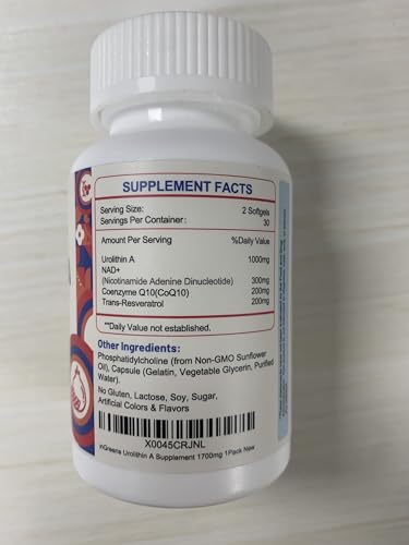 Ingredients panel showing Urolithin A, NAD+, CoQ10 and Trans-Resveratrol