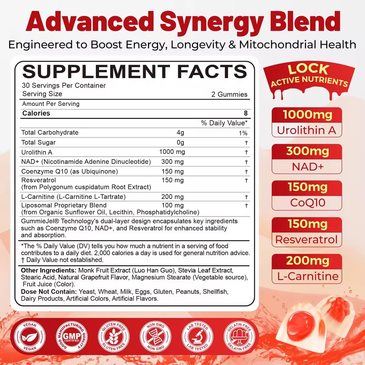 Back view of Urolithin A Gummies bottle showing label