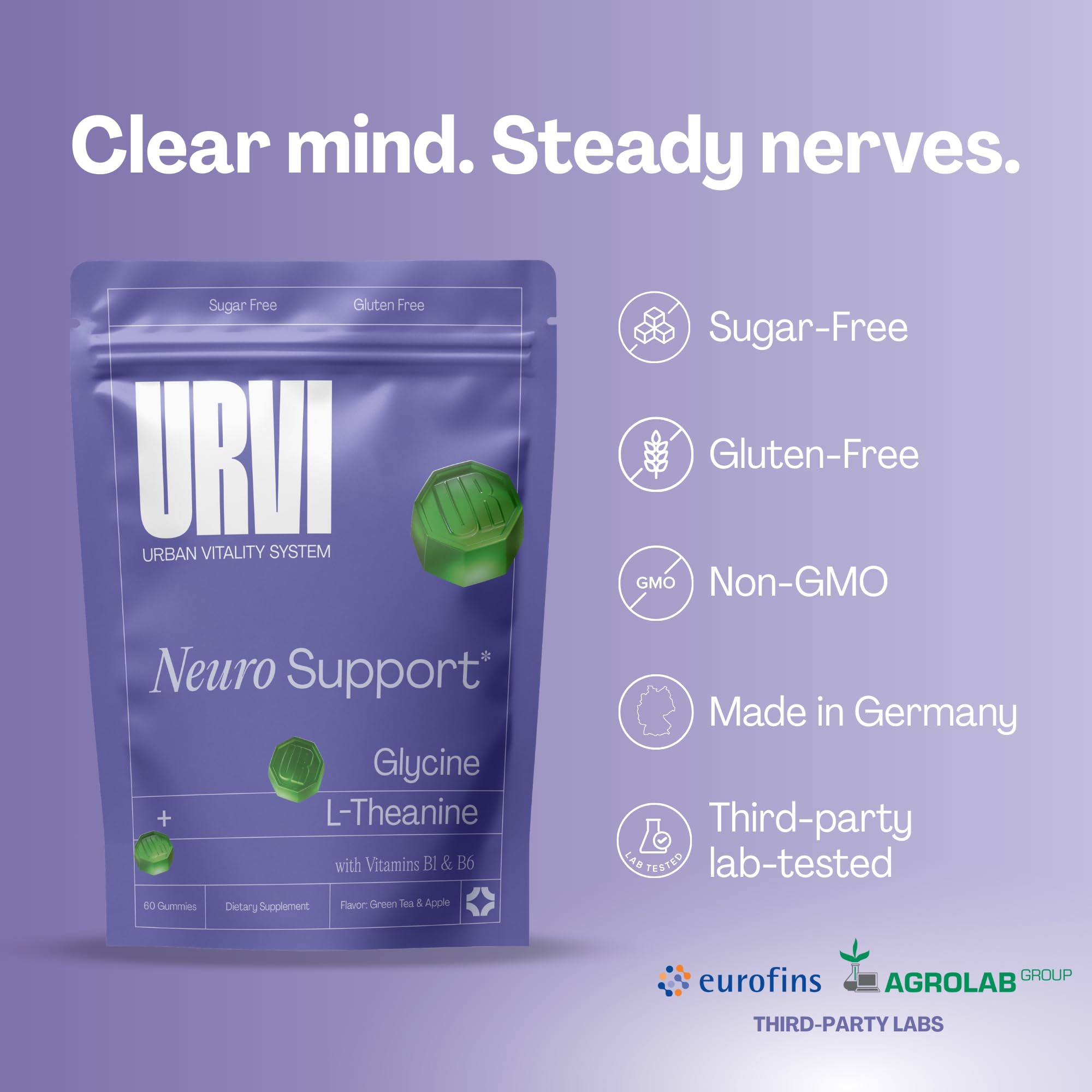 URVI ingredient label showing glycine L-theanine amounts and purity