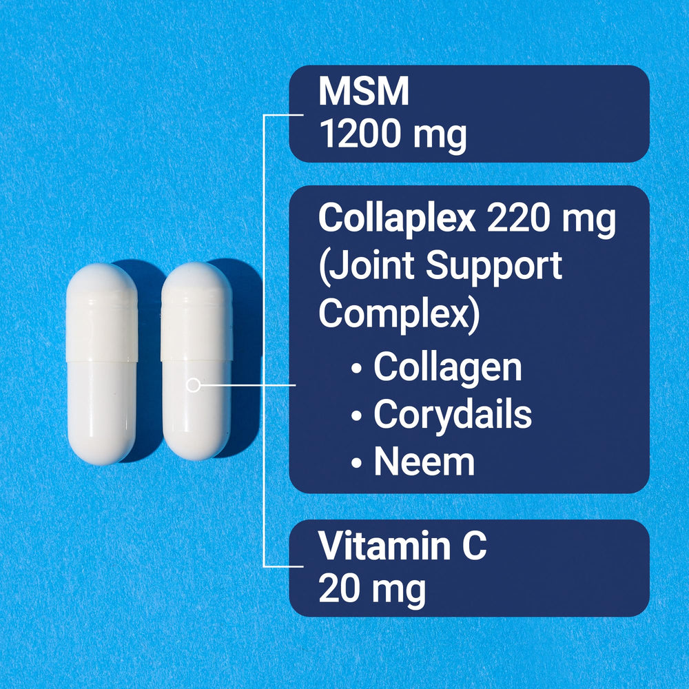 U.S. Doctors’ Clinical Mega MSM capsules with collagen imagery for tissue support.