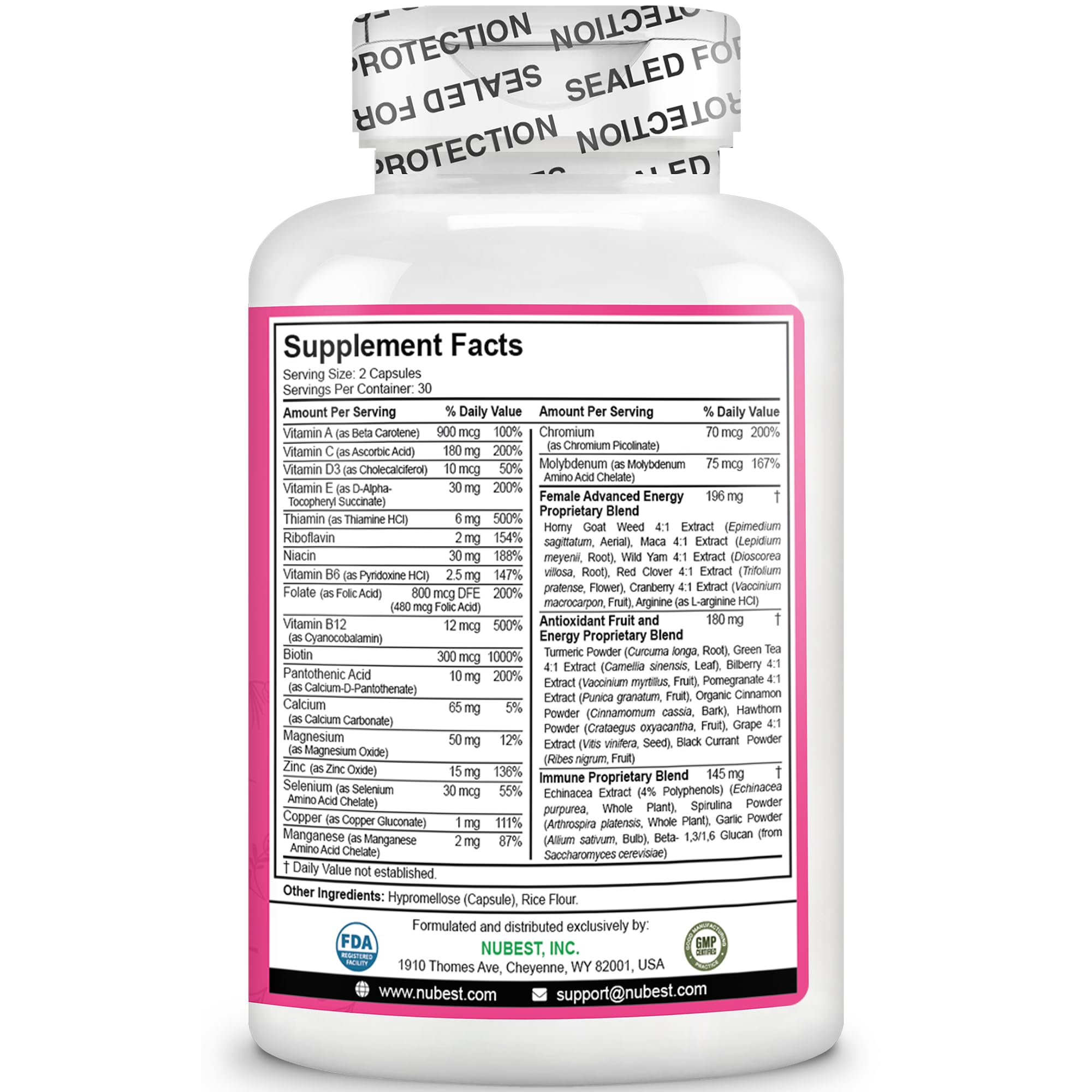 Packaging and USA FDA-registered facility badge