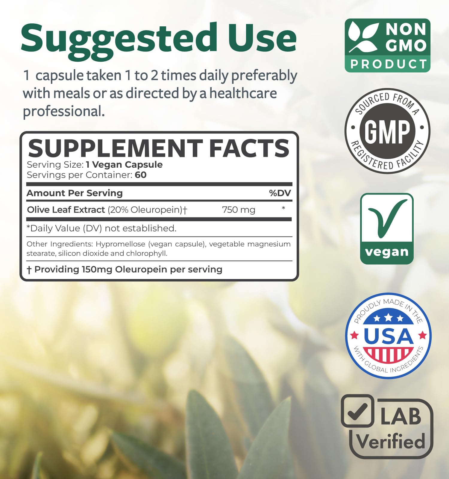 USA-made Olive Leaf Extract in a cGMP facility