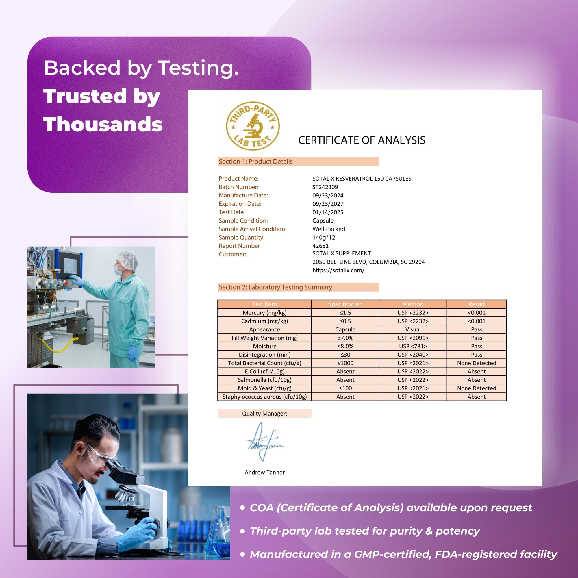 USA-made Resveratrol tested product packaging