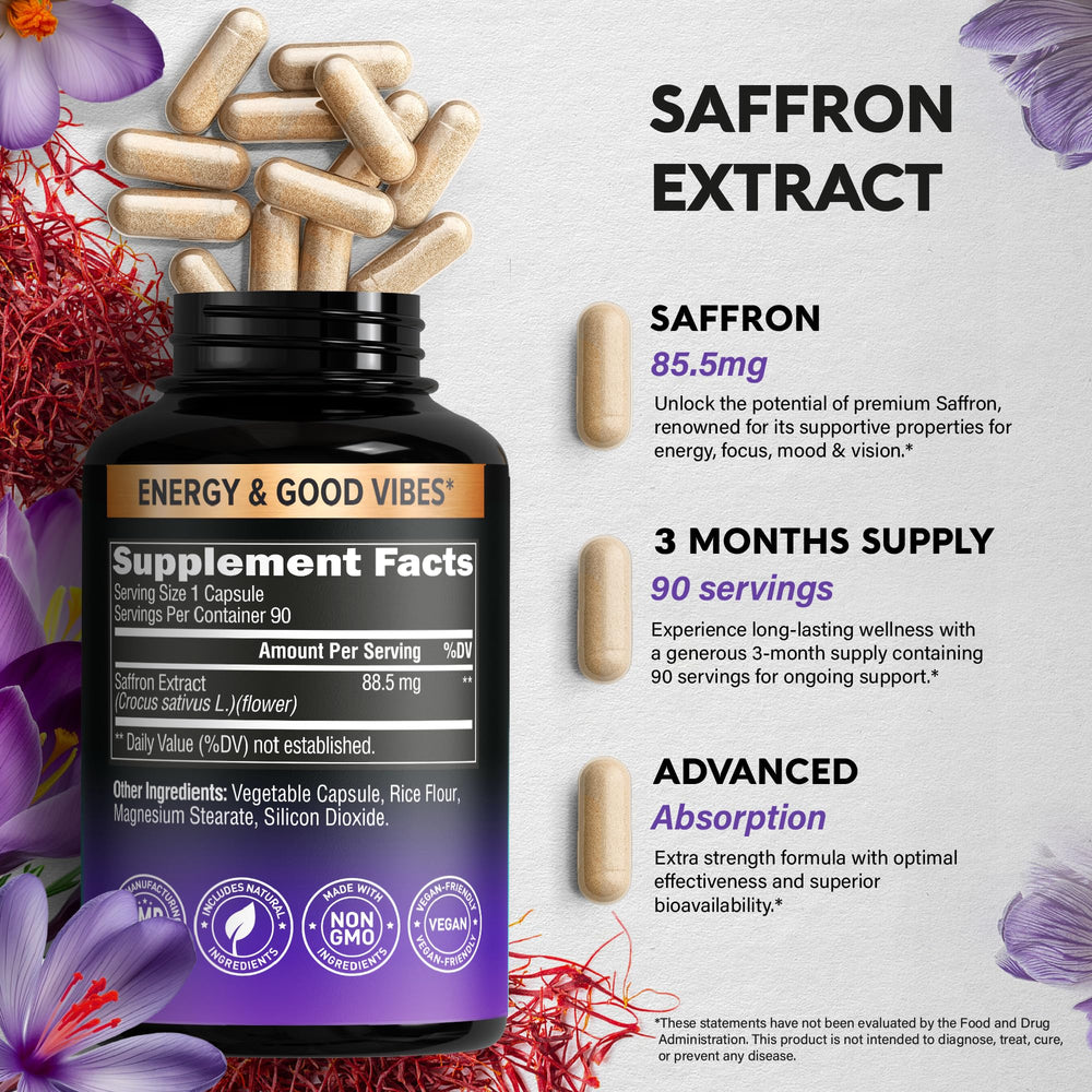 USA-made saffron supplement bottle with label