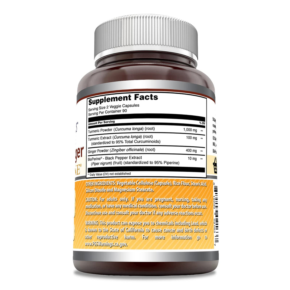 USA-made turmeric curcumin ginger supplement bottle highlighting purity and potency