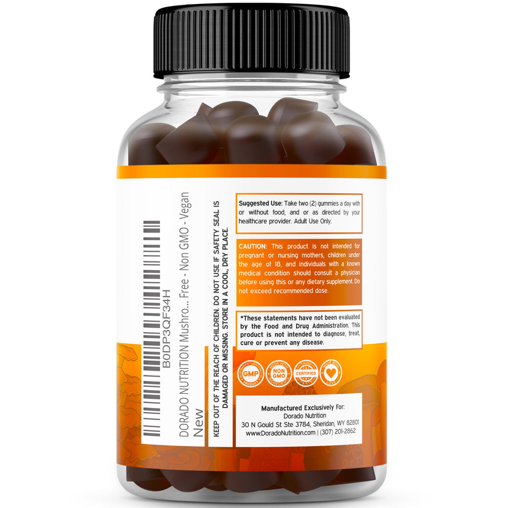 USA-made vegan mushroom gummy supplement label