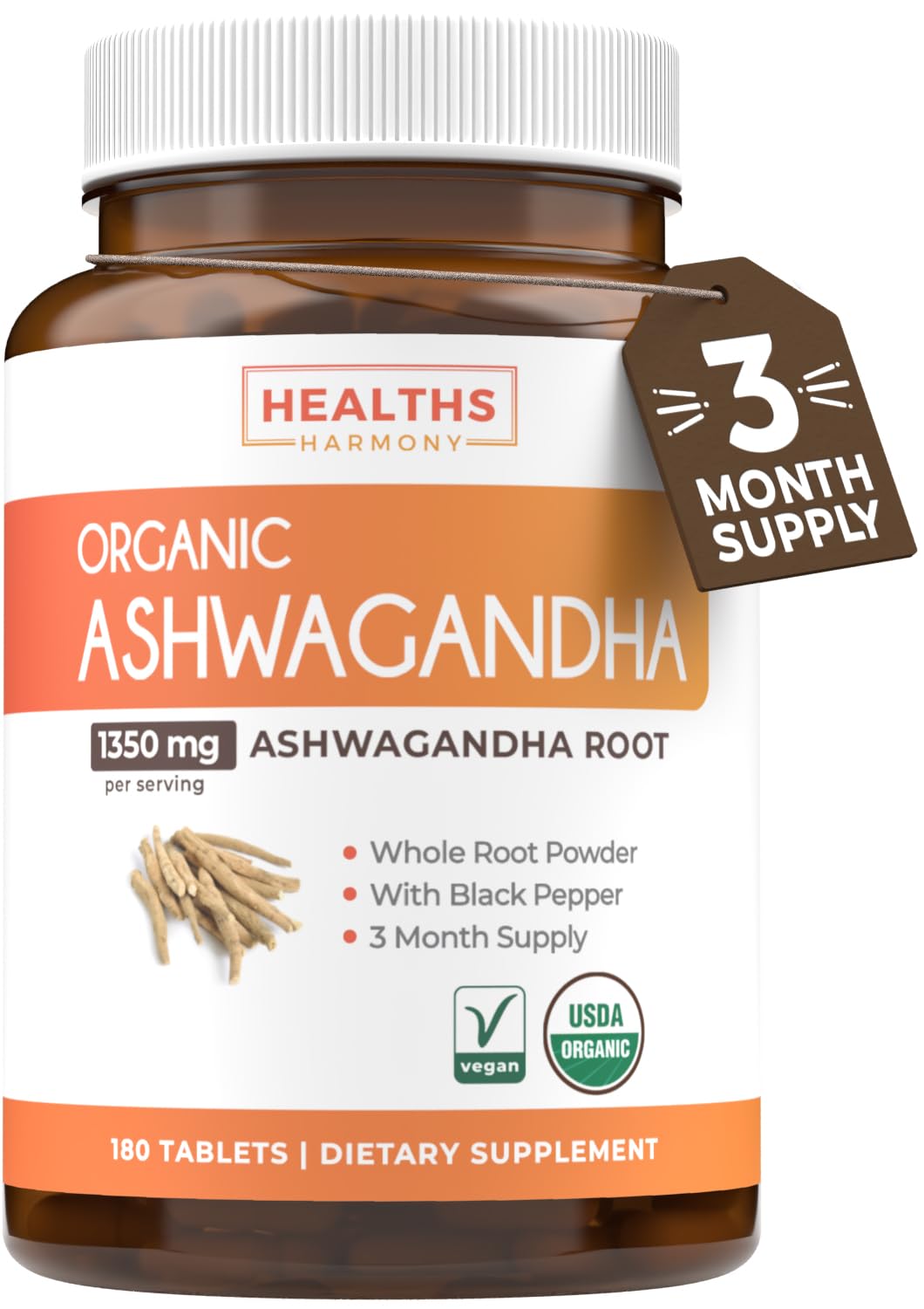 Front of bottle of USDA Organic Ashwagandha supplement with black pepper