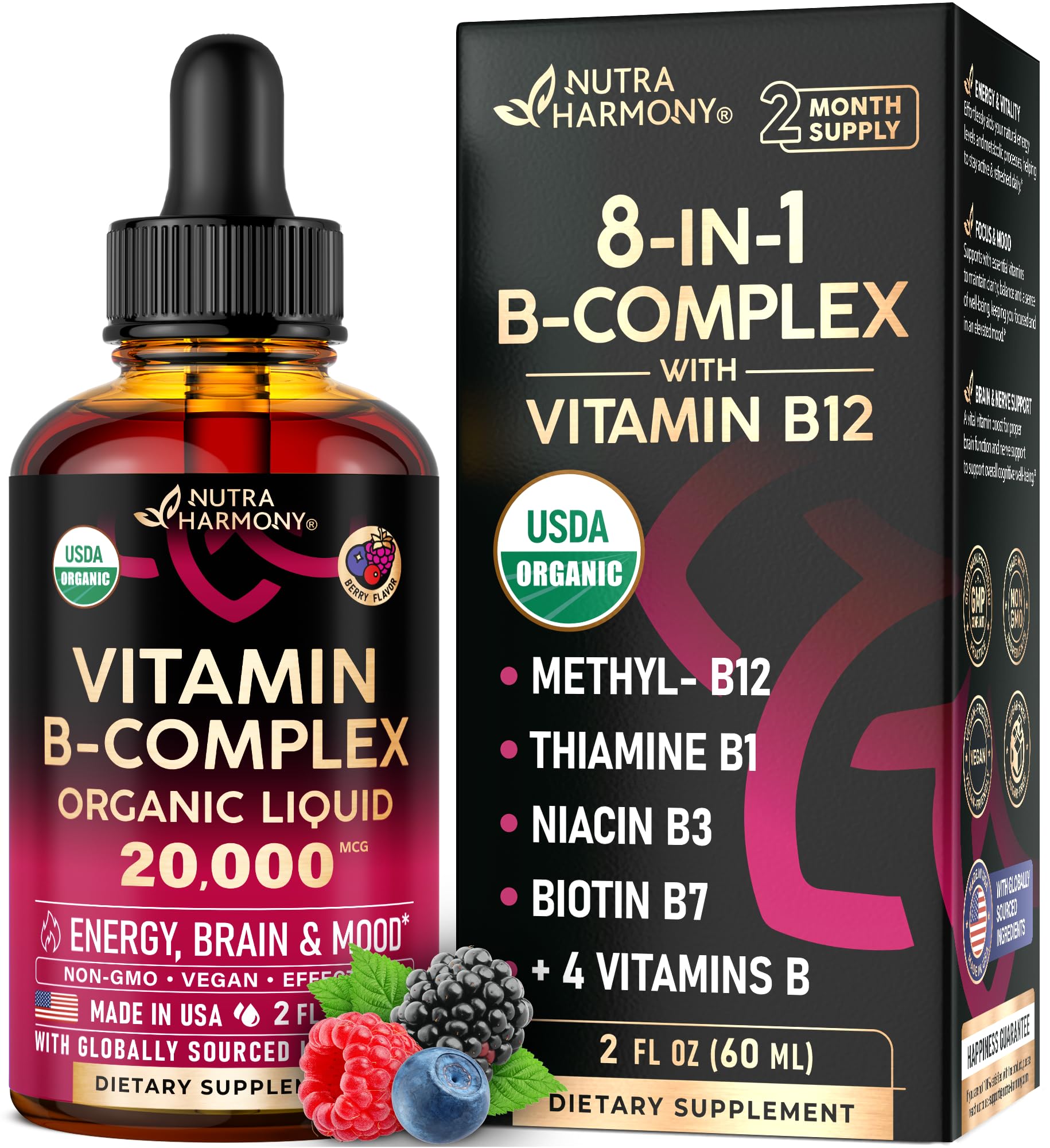 USDA Organic B-Complex Liquid Drops front view bottle, 2 oz