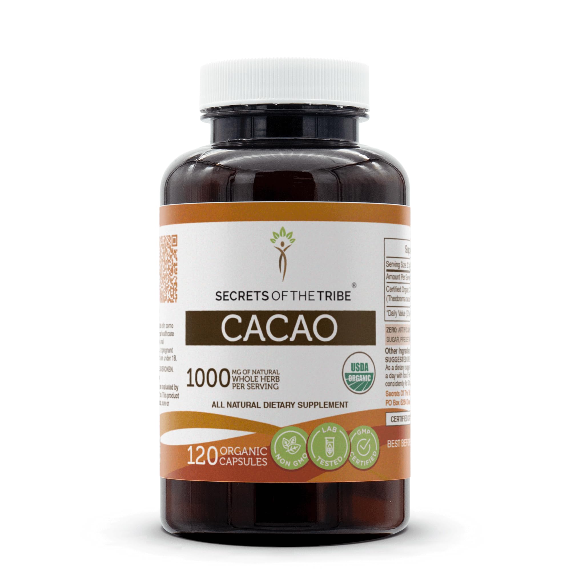 USDA Organic certification label on cacao capsules bottle