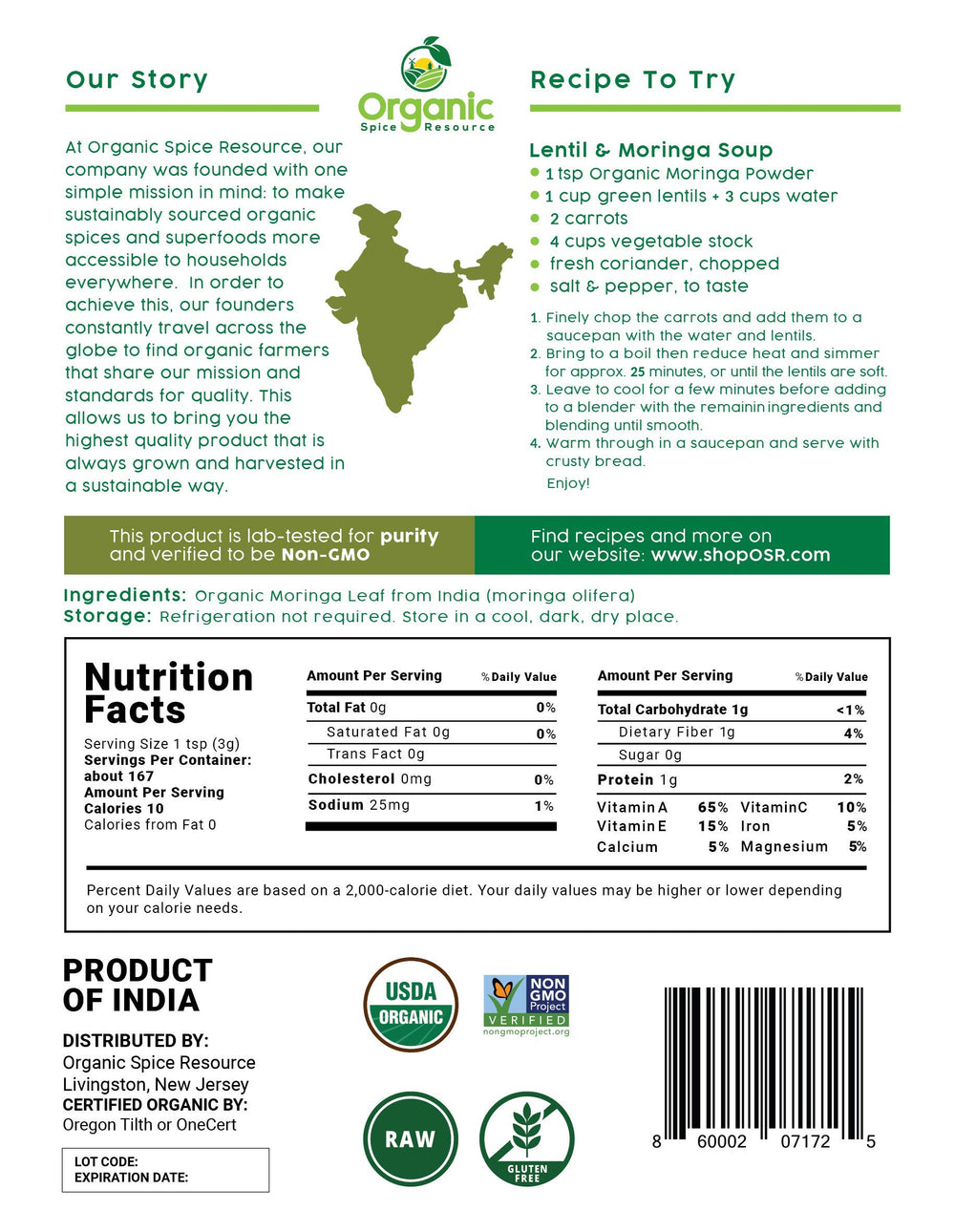 USDA Organic certification label on Moringa Powder packaging