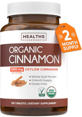 Close-up of USDA Organic Ceylon Cinnamon pills bottle label