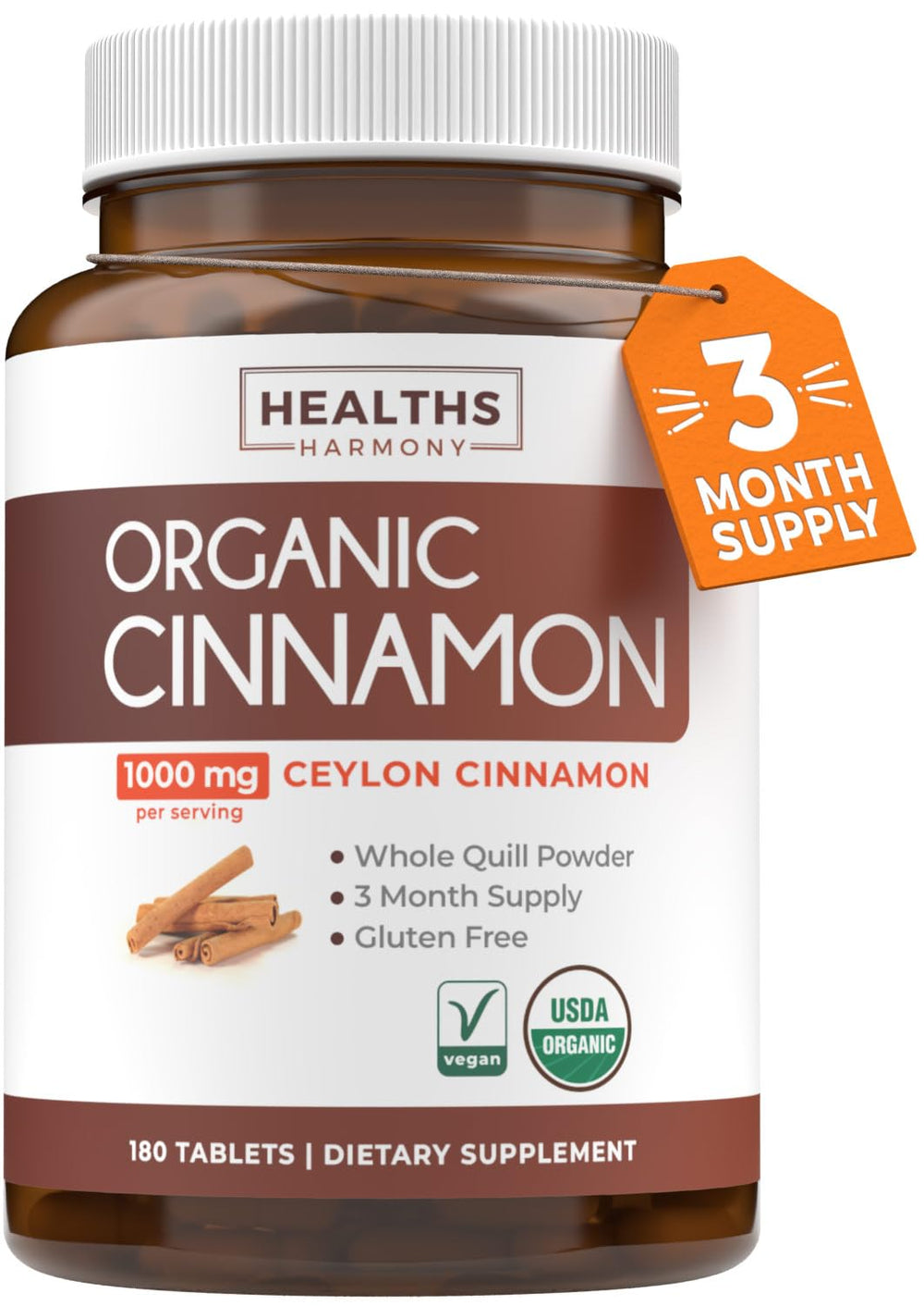 USDA Organic Ceylon Cinnamon Pills bottle with 1000mg per serving label