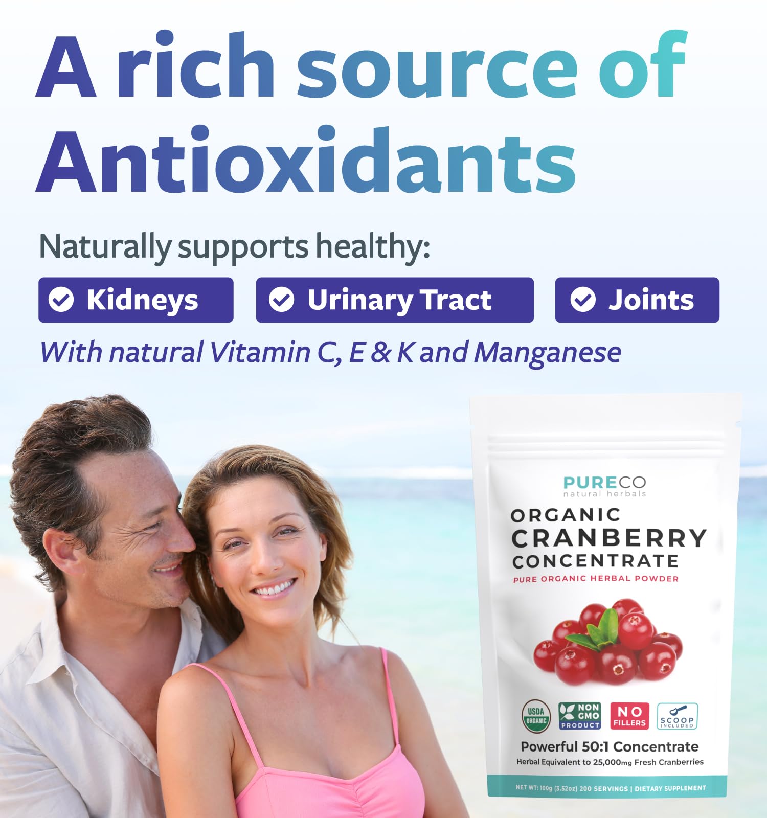 Pouch of cranberry powder with 50:1 concentrate label