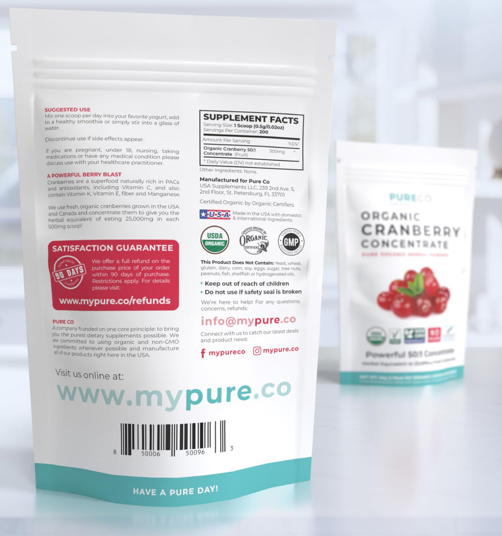 Serving scoop beside pouch of cranberry powder