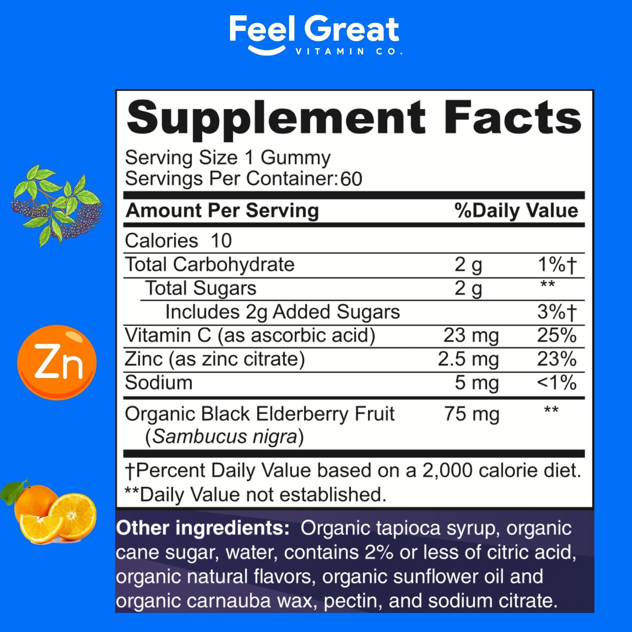 Close-up of elderberry, zinc, and vitamin C ingredients on label