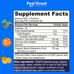 Close-up of elderberry, zinc, and vitamin C ingredients on label
