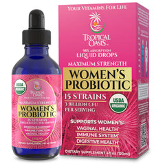 Bottle of USDA Organic Liquid Probiotic for Women with Tropical Oasis branding