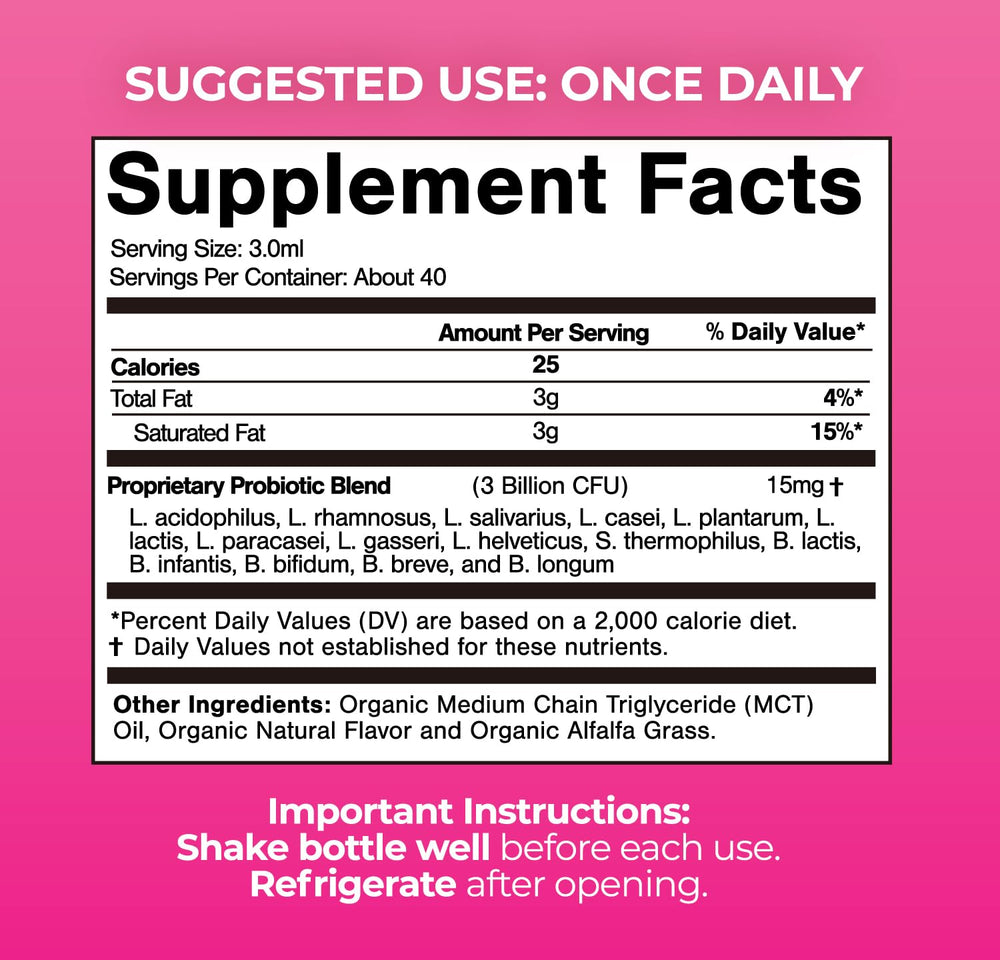 Dropper dispensing probiotic liquid from Tropical Oasis bottle
