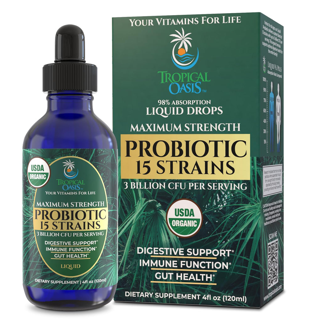 USDA Organic Liquid Probiotic bottle with drops for the whole family