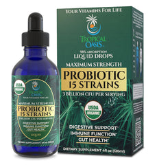 USDA Organic Liquid Probiotic bottle with drops for the whole family