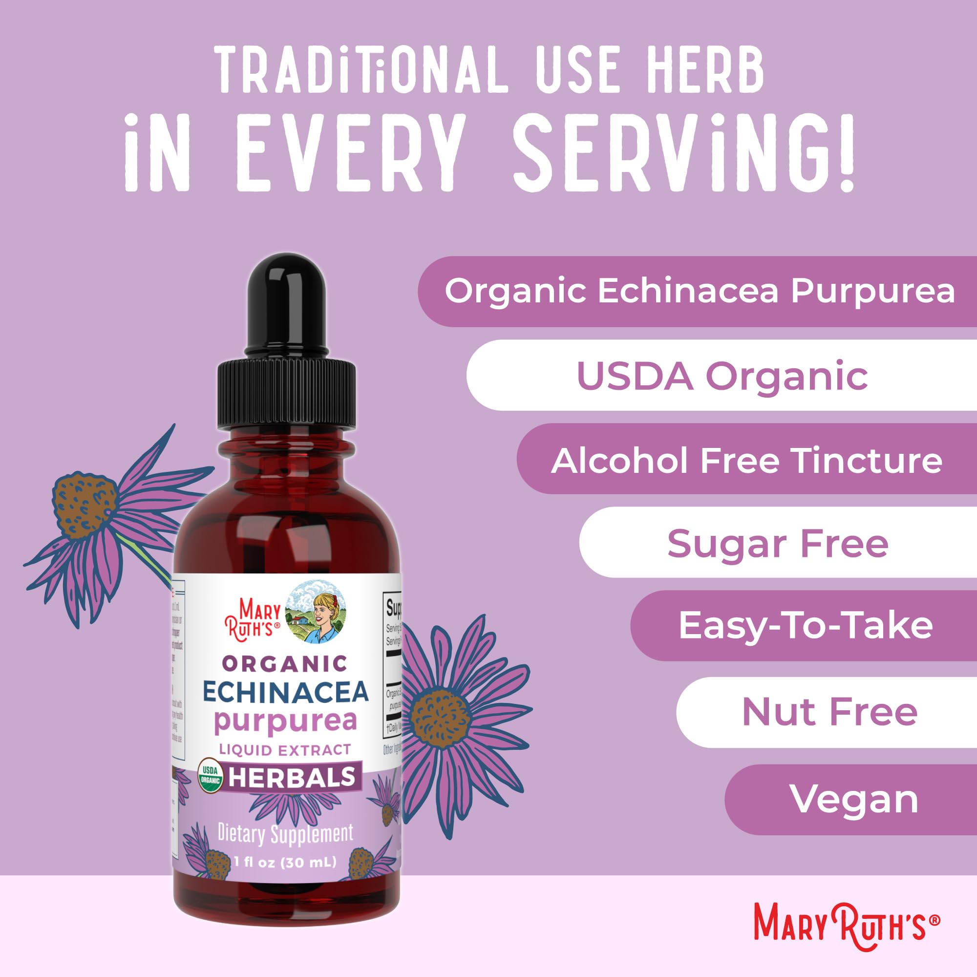 USDA Organic and Non-GMO labels on echinacea drops packaging