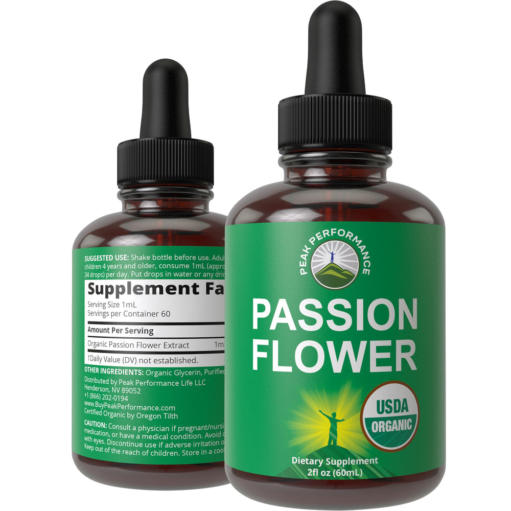 USDA Organic Passion Flower Liquid Drops bottle with label