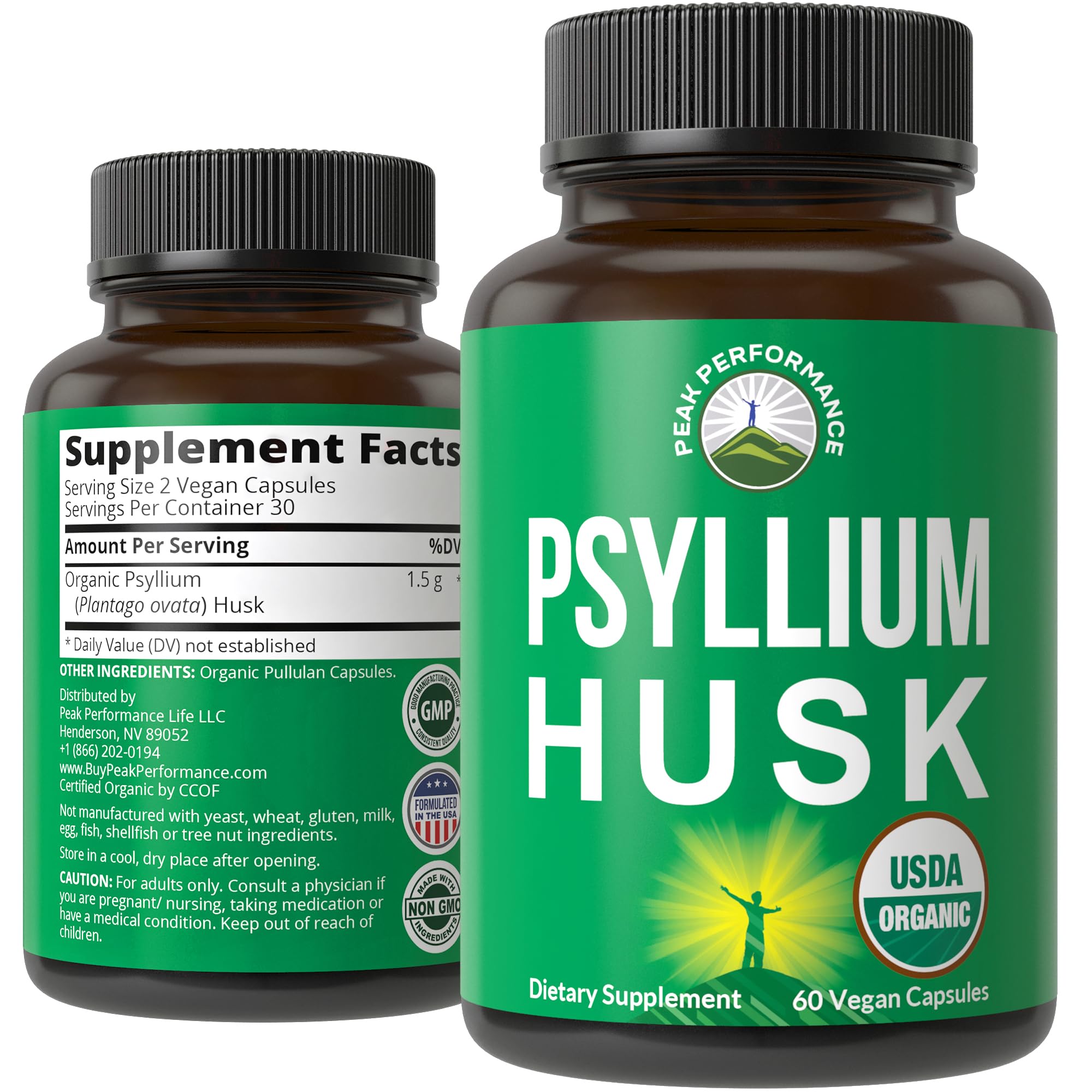 Front view of bottle label for USDA Organic Psyllium Husk capsules
