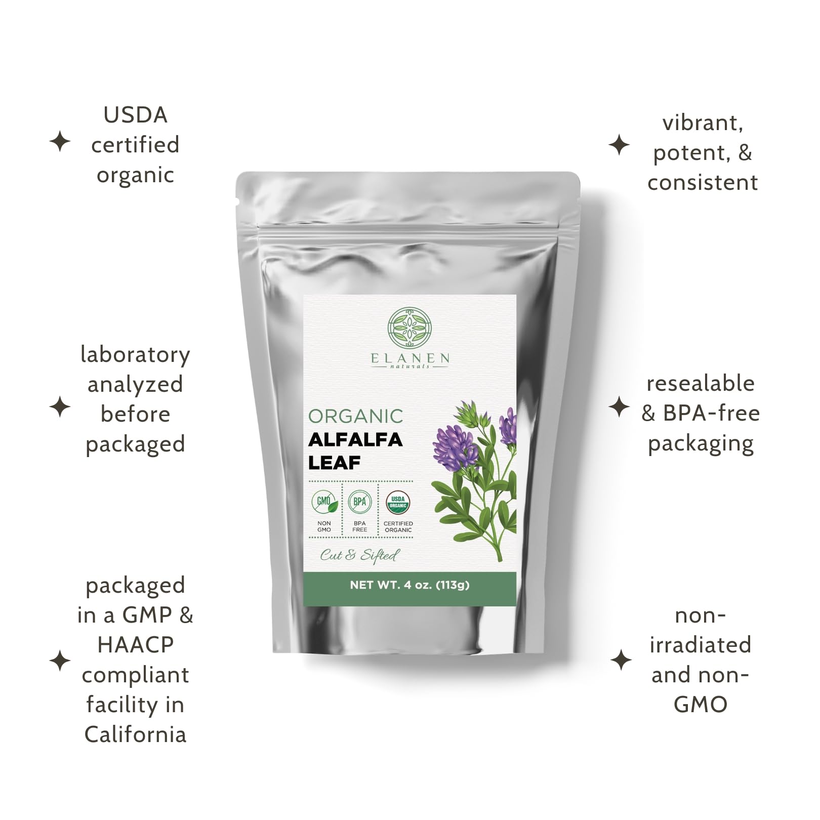 USDA Organic seal on alfalfa leaf tea packaging