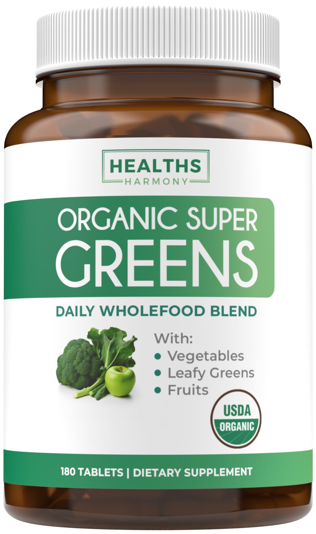 Bottle of USDA Organic Super Greens tablets on a white background